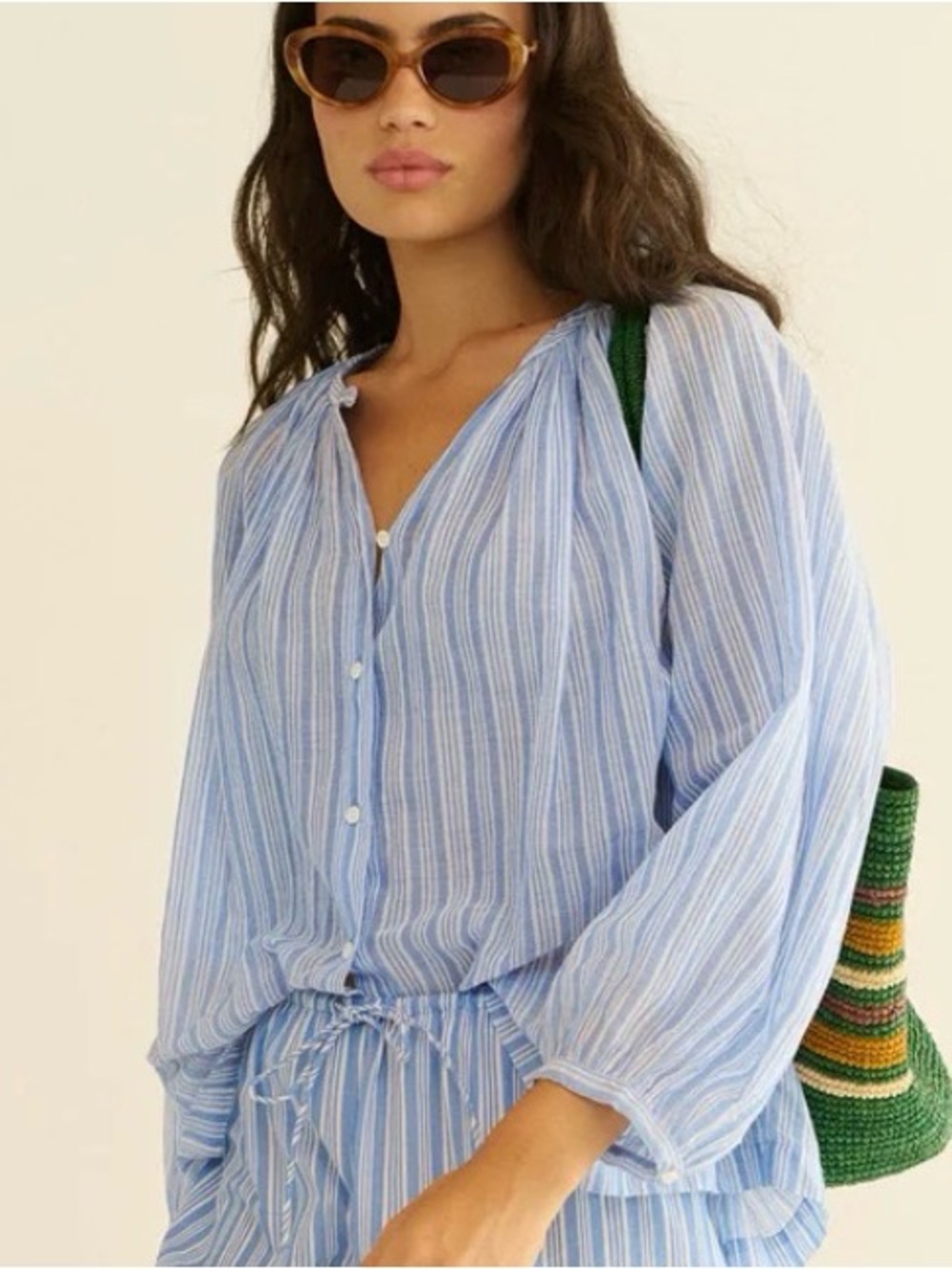 Doen Blue Stripe Cotton Long Sleeve Top Size XS